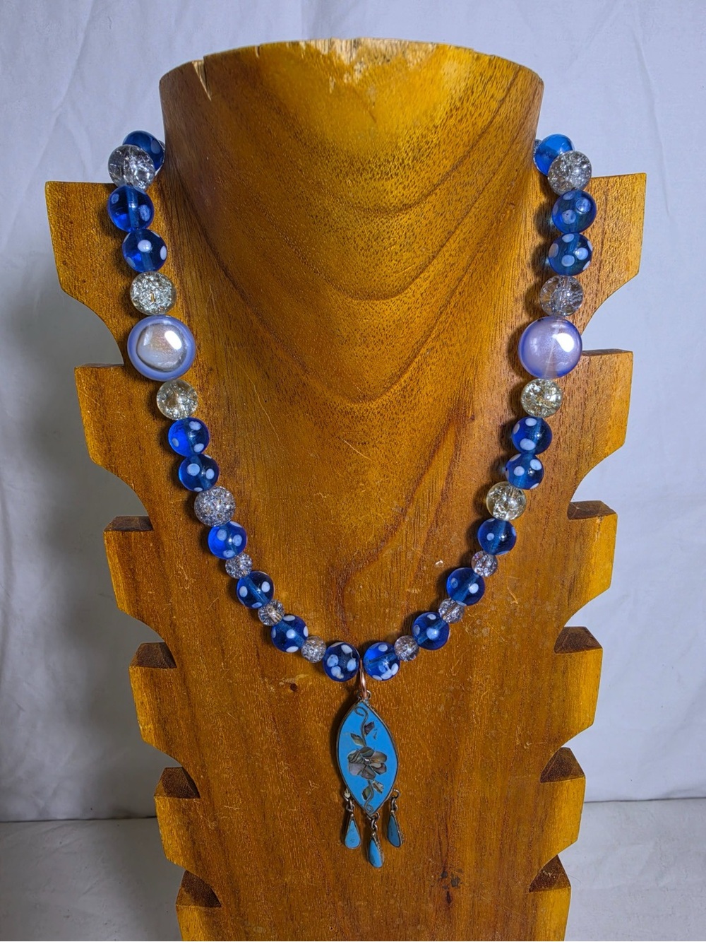 Handmade Blue Beaded Necklace Flower Pendant White Polka Dot Glass Beads New